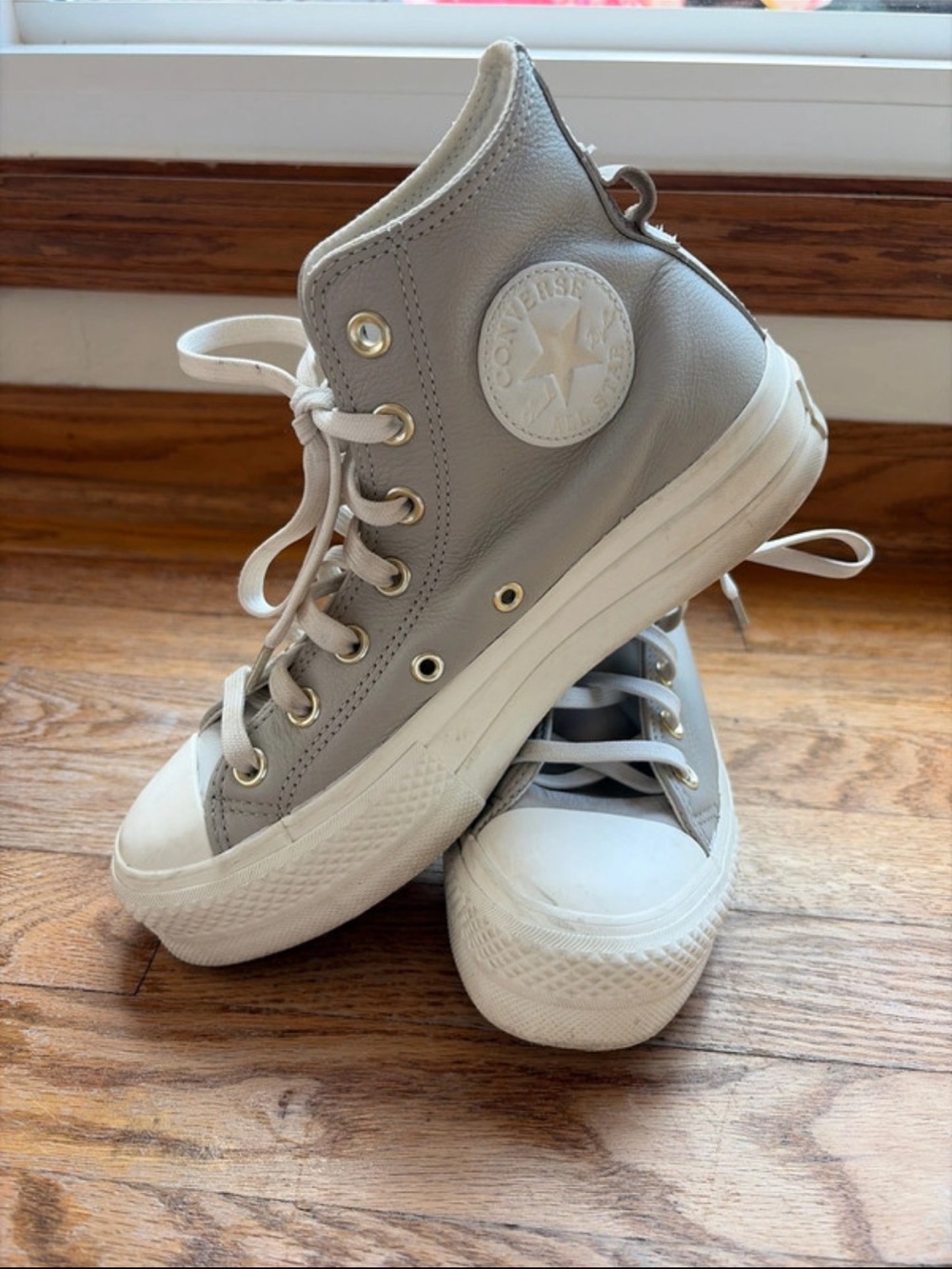 Converse Leather High Top Sneakers in Taupe and White
